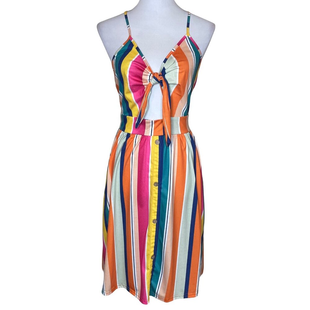 Cotton ModCloth Retro Rainbow Stripe Tie-Front Cutout Midi Dress Sundress L - Picture 2 of 13